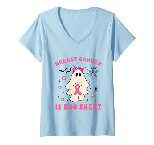 Damen Ghost Holding Pink Ribbon Groovy Brustkrebs-Bewusstsein T-Shirt mit V-Ausschnitt Damen Ghost Holding Pink Ribbon Groovy Brustkrebs-Bewusstsein T-Shirt mit V-Ausschnitt von Breast Cancer Is Boo Sheet Halloween Funny tees