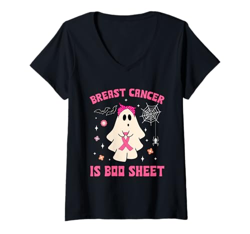 Damen Ghost Holding Pink Ribbon Groovy Brustkrebs-Bewusstsein T-Shirt mit V-Ausschnitt Damen Ghost Holding Pink Ribbon Groovy Brustkrebs-Bewusstsein T-Shirt mit V-Ausschnitt von Breast Cancer Is Boo Sheet Halloween Funny tees