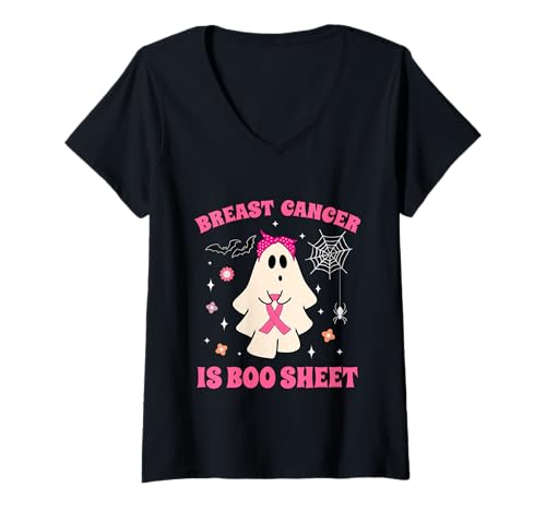Damen Ghost Holding Pink Ribbon Groovy Brustkrebs-Bewusstsein T-Shirt mit V-Ausschnitt Damen Ghost Holding Pink Ribbon Groovy Brustkrebs-Bewusstsein T-Shirt mit V-Ausschnitt von Breast Cancer Is Boo Sheet Halloween Funny tees