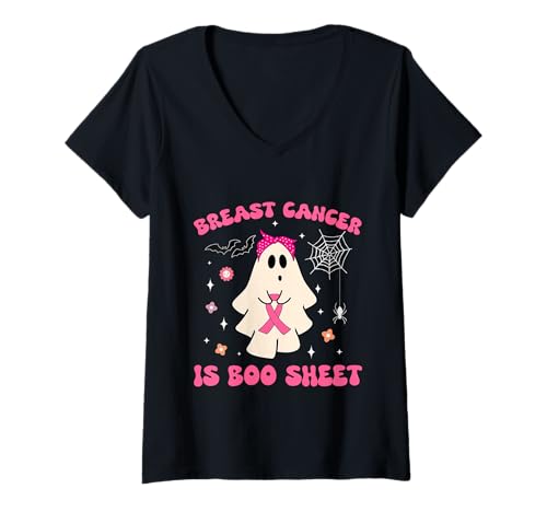 Damen Ghost Holding Pink Ribbon Groovy Brustkrebs-Bewusstsein T-Shirt mit V-Ausschnitt Damen Ghost Holding Pink Ribbon Groovy Brustkrebs-Bewusstsein T-Shirt mit V-Ausschnitt von Breast Cancer Is Boo Sheet Halloween Funny tees