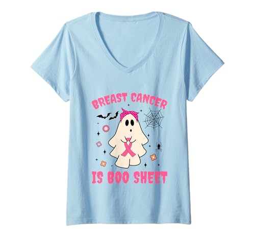 Damen Ghost mit pinkem Band zur Brustkrebserkrankung, Groovy T-Shirt mit V-Ausschnitt Damen Ghost mit pinkem Band zur Brustkrebserkrankung, Groovy T-Shirt mit V-Ausschnitt von Breast Cancer Is Boo Sheet Halloween Funny tees