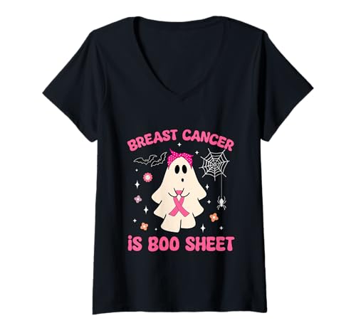 Damen Ghost mit pinkem Band zur Brustkrebserkrankung, Groovy T-Shirt mit V-Ausschnitt Damen Ghost mit pinkem Band zur Brustkrebserkrankung, Groovy T-Shirt mit V-Ausschnitt von Breast Cancer Is Boo Sheet Halloween Funny tees