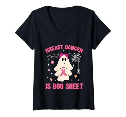 Damen Ghost mit pinkem Band zur Brustkrebserkrankung, Groovy T-Shirt mit V-Ausschnitt Damen Ghost mit pinkem Band zur Brustkrebserkrankung, Groovy T-Shirt mit V-Ausschnitt von Breast Cancer Is Boo Sheet Halloween Funny tees