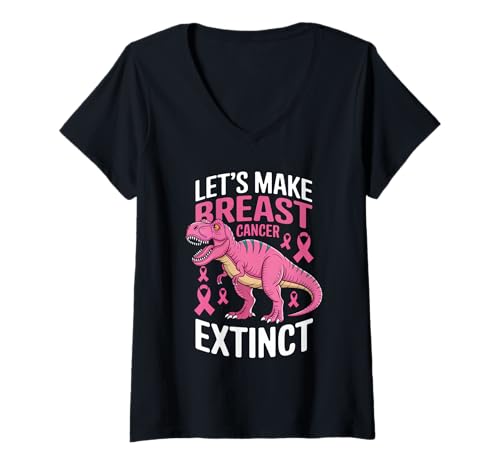 Damen Let's Make Breast Cancer Extinct Pink Tyrannosaurus Dinosaurier T-Shirt mit V-Ausschnitt von Breast Cancer Jurassic Vibes