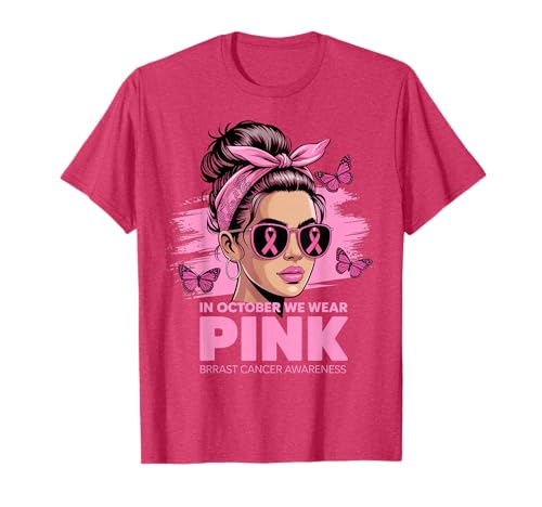 Brustkrebs Frauen im Oktober tragen wir rosa T-Shirt Brustkrebs Frauen im Oktober tragen wir rosa T-Shirt von Breast Cancer Messy Bun Ribbon For Women Girls Kid
