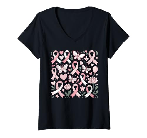 Damen Coquette Brustkrebs-Aufklärung Pinke Schleifen T-Shirt mit V-Ausschnitt Damen Coquette Brustkrebs-Aufklärung Pinke Schleifen T-Shirt mit V-Ausschnitt von Breast Cancer Support Coquette