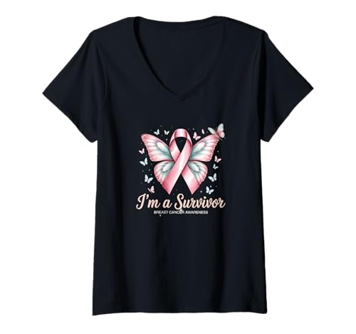 Damen Brustkrebs-Überlebender Design mit Schleife und Schmetterlingskunst T-Shirt mit V-Ausschnitt Damen Brustkrebs-Überlebender Design mit Schleife und Schmetterlingskunst T-Shirt mit V-Ausschnitt von Breast Cancer Survivor Apparel & Gifts