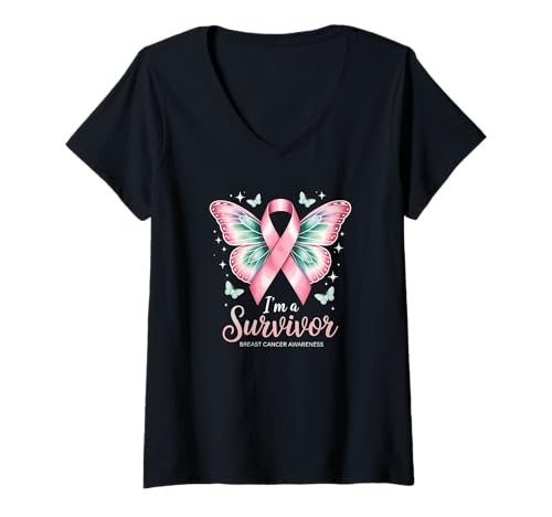 Damen Brustkrebs-Überlebender Design mit Schleife und Schmetterlingskunst T-Shirt mit V-Ausschnitt Damen Brustkrebs-Überlebender Design mit Schleife und Schmetterlingskunst T-Shirt mit V-Ausschnitt von Breast Cancer Survivor Apparel & Gifts
