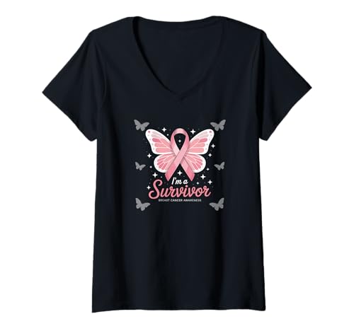 Damen Brustkrebs-Überlebender Design mit Schleife und Schmetterlingskunst T-Shirt mit V-Ausschnitt Damen Brustkrebs-Überlebender Design mit Schleife und Schmetterlingskunst T-Shirt mit V-Ausschnitt von Breast Cancer Survivor Apparel & Gifts