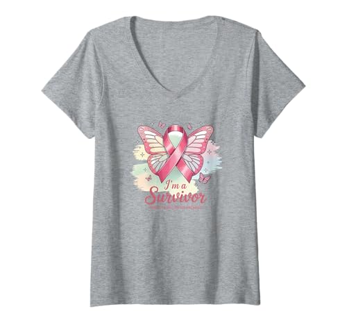 Damen Brustkrebs-Überlebender Design mit Schleife und Schmetterlingskunst T-Shirt mit V-Ausschnitt Damen Brustkrebs-Überlebender Design mit Schleife und Schmetterlingskunst T-Shirt mit V-Ausschnitt von Breast Cancer Survivor Apparel & Gifts