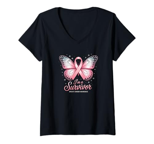 Damen Brustkrebs-Überlebender Design mit Schleife und Schmetterlingskunst T-Shirt mit V-Ausschnitt Damen Brustkrebs-Überlebender Design mit Schleife und Schmetterlingskunst T-Shirt mit V-Ausschnitt von Breast Cancer Survivor Apparel & Gifts