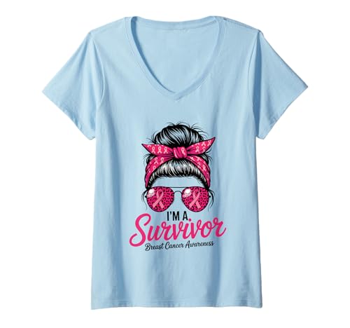 Damen I'm A Survivor Brustkrebs-Bewusstsein rosa Schleife Frauen Mama T-Shirt mit V-Ausschnitt von Breast Cancer Survivor Pride Leopard Messy Bun