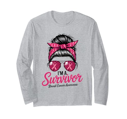 I'm A Survivor Brustkrebs-Bewusstsein rosa Schleife Frauen Mama Langarmshirt von Breast Cancer Survivor Pride Leopard Messy Bun