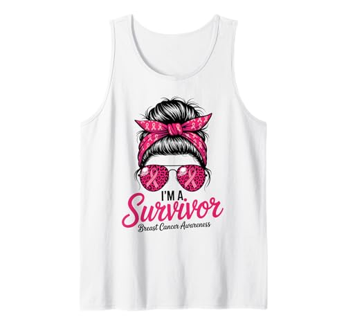 I'm A Survivor Brustkrebs-Bewusstsein rosa Schleife Frauen Mama Tank Top von Breast Cancer Survivor Pride Leopard Messy Bun