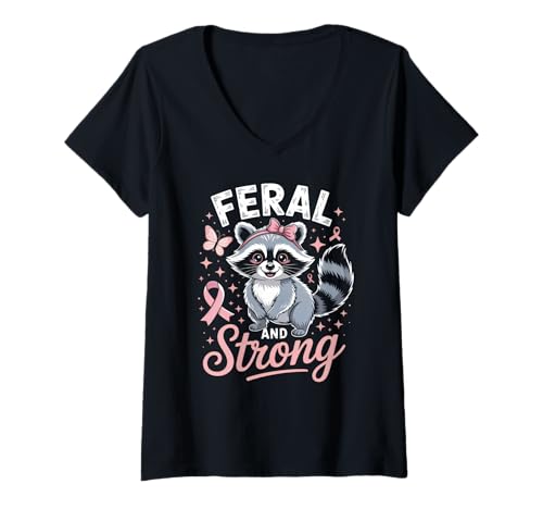 Damen Bewusstsein für Wilde und Starke Waschbär-Brustkrebs T-Shirt mit V-Ausschnitt Damen Bewusstsein für Wilde und Starke Waschbär-Brustkrebs T-Shirt mit V-Ausschnitt von Breast Cancer Survivor Raccoon