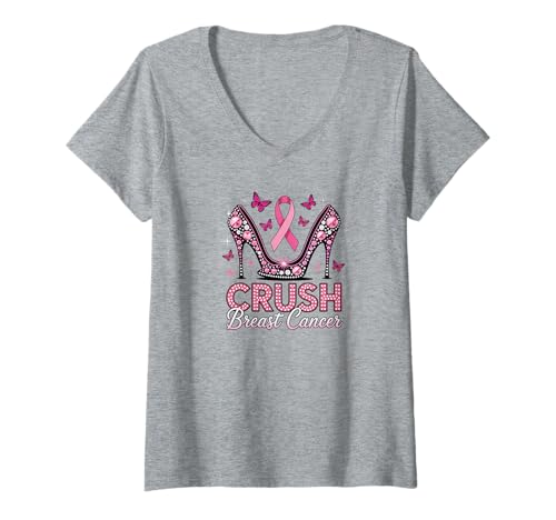 Damen Crush Breast Cancer Pink Ribbon High Heels Schmetterlinge T-Shirt mit V-Ausschnitt von Breast Cancer Warrior Apparel & Gifts