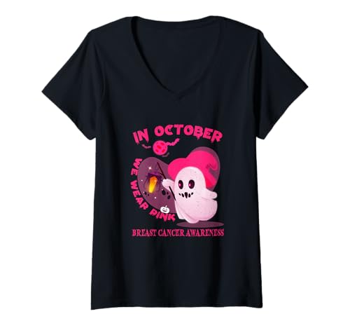 Damen Brustkrebs Frauen Halloween im Oktober tragen wir rosa T-Shirt mit V-Ausschnitt von Breast Cancer for women me kids