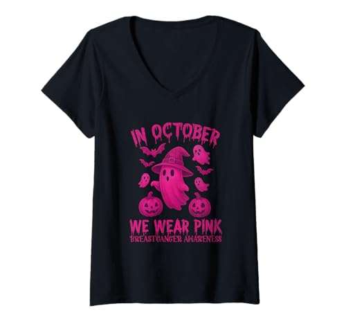 Damen Brustkrebs Frauen Halloween im Oktober tragen wir rosa T-Shirt mit V-Ausschnitt von Breast Cancer for women me kids