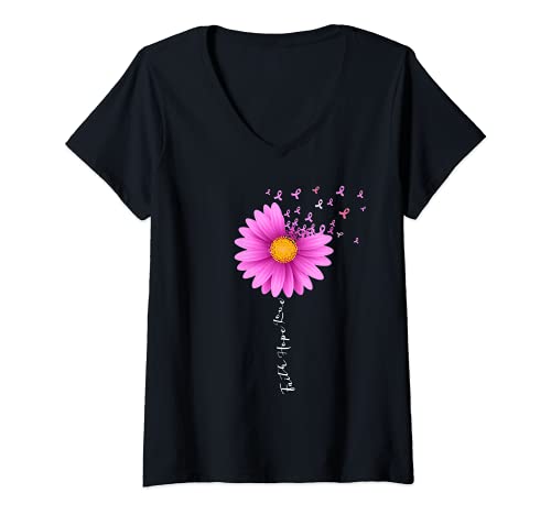 Damen Brustkrebs rosa Schleife Blume Glaube Hoffnung Liebe T-Shirt mit V-Ausschnitt Damen Brustkrebs rosa Schleife Blume Glaube Hoffnung Liebe T-Shirt mit V-Ausschnitt von Breast Cancer Awareness