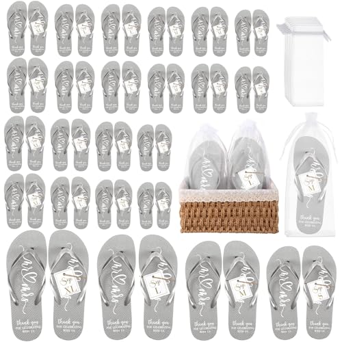 Breathffy 24 Paar Hochzeits-Flip-Flops Bulk-Hausschuhe, Flip-Flops für Damen, Hochzeitssandalen mit Größenkarten, Kordelzugbeutel, Silbergrau, One Size von Breathffy