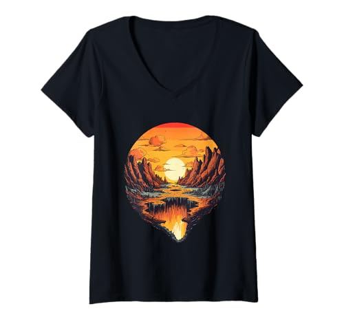 Damen Sonnenuntergang über den Bergen, Reflexionen, Kunst T-Shirt mit V-Ausschnitt Damen Sonnenuntergang über den Bergen, Reflexionen, Kunst T-Shirt mit V-Ausschnitt von Breathtaking Sunset Mountain Reflections