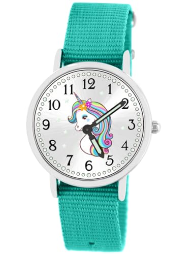 Brecjon Armbanduhr Mädchen Jungen Kinderuhr Einhorn Lernuhr 5ATM wasserdicht Wechselarmband türkis 904 von Brecjon