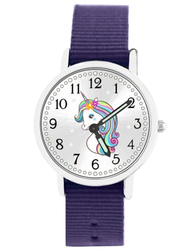 Brecjon Armbanduhr Mädchen Jungen Kinderuhr Einhorn Lernuhr 5ATM wasserdicht Wechselarmband violett 902 von Brecjon