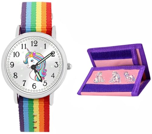 Brecjon Armbanduhr Mädchen Jungen Kinderuhr Einhorn Lernuhr Geldbörse 5ATM wasserdicht bunt Regenbogen 906 von Brecjon