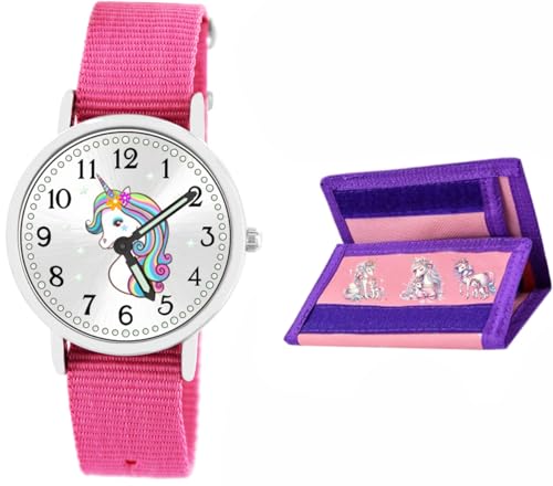 Brecjon Armbanduhr Mädchen Jungen Kinderuhr Einhorn Lernuhr Geldbörse 5ATM wasserdicht rosa 907 von Brecjon