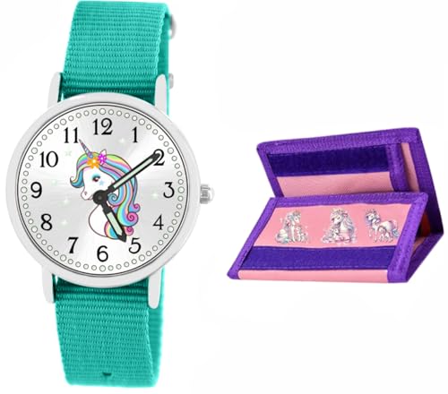 Brecjon Armbanduhr Mädchen Jungen Kinderuhr Einhorn Lernuhr Geldbörse 5ATM wasserdicht türkis 910 von Brecjon