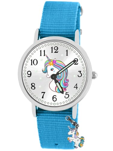 Brecjon Geschenk Set Einhorn Armbanduhr Mädchen wasserdicht Bettelarmband 4 emaillierte Anhänger Unicorn Sammelbox Nylon Armband hellblau 925 von Brecjon