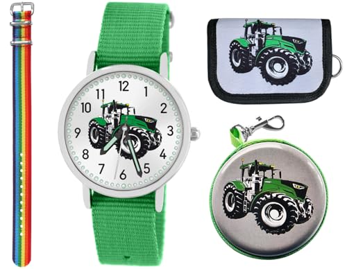 Brecjon Geschenkset 5tlg. Kinder Armbanduhr Jungen Traktor grün wasserdicht Sammelbox Geldbörse Analog Quarz 2tes Armband bunter Regenbogen 7695 von Brecjon