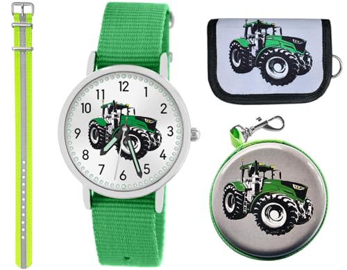 Brecjon Geschenkset 5tlg. Kinder Armbanduhr Jungen Traktor grün wasserdicht Sammelbox Geldbörse Analog Quarz 2tes Armband gelb Reflektor 7694 von Brecjon
