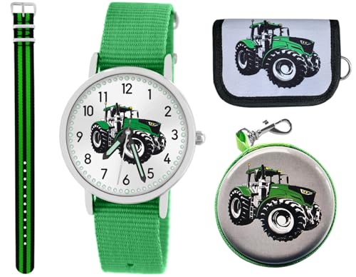 Brecjon Geschenkset 5tlg. Kinder Armbanduhr Jungen Traktor grün wasserdicht Sammelbox Geldbörse Analog Quarz 2tes Armband grün schwarz 7693 von Brecjon