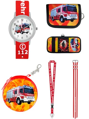 Brecjon großes 6tlg Geschenk Set Feuerwehr Kinder Armbanduhr Geldbörse Schlüsselband Display Schutz Motivdose 2 Armbänder 7424 von Brecjon
