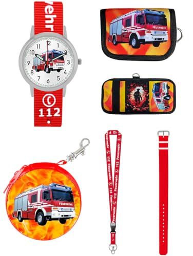 Brecjon großes 6tlg Geschenk Set Feuerwehr Kinder Armbanduhr Geldbörse Schlüsselband Display Schutz Motivdose 2 Armbänder 7423 von Brecjon
