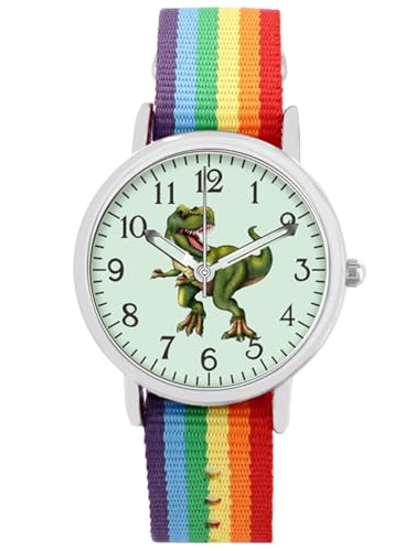Brecjon Kinder Armbanduhr Jungen Jungenuhr Kids Dinosaurier T Rex Leucht Zifferblatt 5ATM Wasserdicht Textil Armband Regenbogen bunt 5207 von Brecjon