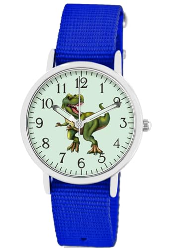 Brecjon Kinder Armbanduhr Jungen Jungenuhr Kids Dinosaurier T Rex Leucht Zifferblatt 5ATM Wasserdicht Textil Armband Royalblau 5209 von Brecjon