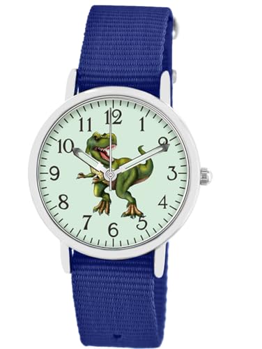 Brecjon Kinder Armbanduhr Jungen Jungenuhr Kids Dinosaurier T Rex Leucht Zifferblatt 5ATM Wasserdicht Textil Armband dunkelblau 5203 von Brecjon