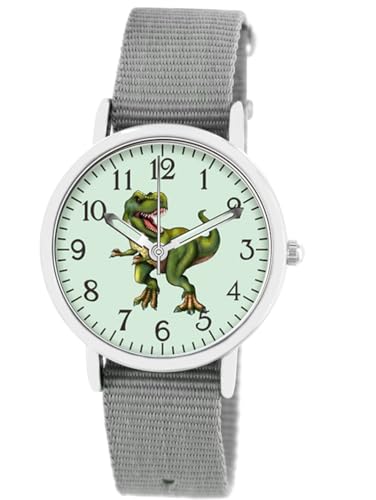 Brecjon Kinder Armbanduhr Jungen Jungenuhr Kids Dinosaurier T Rex Leucht Zifferblatt 5ATM Wasserdicht Textil Armband grau 5206 von Brecjon