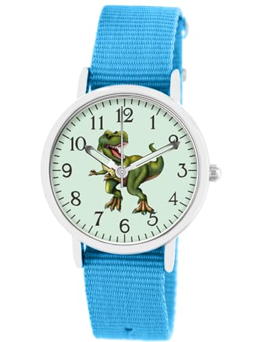Brecjon Kinder Armbanduhr Jungen Jungenuhr Kids Dinosaurier T Rex Leucht Zifferblatt 5ATM Wasserdicht Textil Armband hellblau 5208 von Brecjon