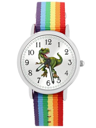 Brecjon Kinder Armbanduhr Jungen Jungenuhr Kids Dinosaurier T Rex Leuchtzeiger 5ATM Wasserdicht Textil Armband Regenbogen bunt 5107 von Brecjon