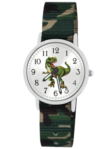 Brecjon Kinder Armbanduhr Jungen Jungenuhr Kids Dinosaurier T Rex Leuchtzeiger 5ATM Wasserdicht Textil Armband Camouflage 5102 von Brecjon