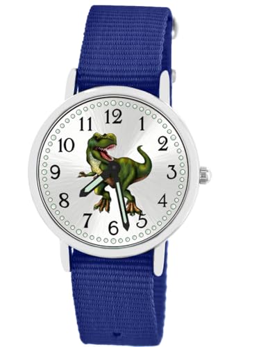Brecjon Kinder Armbanduhr Jungen Jungenuhr Kids Dinosaurier T Rex Leuchtzeiger 5ATM Wasserdicht Textil Armband dunkelblau 5103 von Brecjon