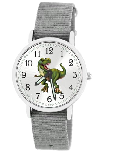 Brecjon Kinder Armbanduhr Jungen Jungenuhr Kids Dinosaurier T Rex Leuchtzeiger 5ATM Wasserdicht Textil Armband grau 5106 von Brecjon