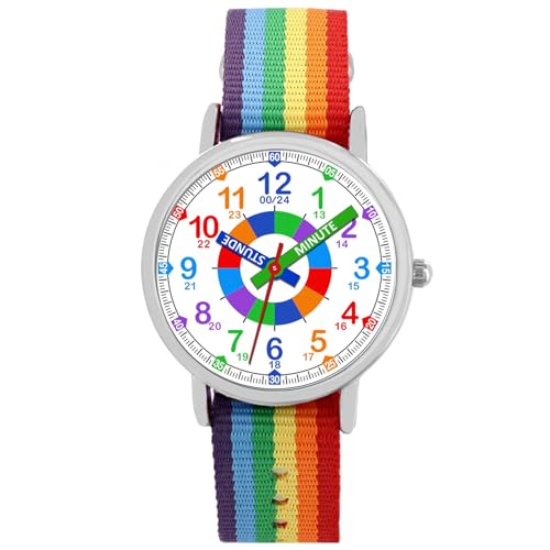 Brecjon Kinder Armbanduhr Jungen Lernuhr Einschulung Textil Armband analog Quarz bunter Regenbogen 6522 von Brecjon