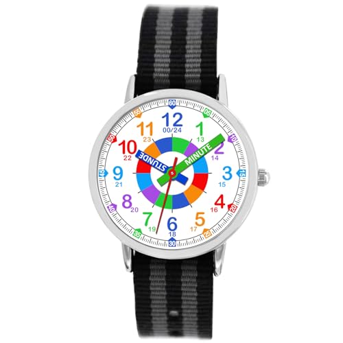 Brecjon Kinder Armbanduhr Jungen Lernuhr Einschulung Textil Armband analog Quarz schwarz-grau 6517 von Brecjon