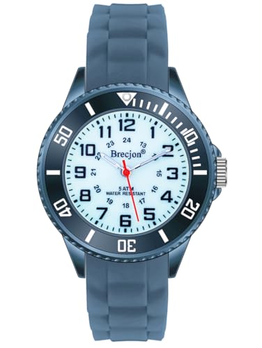 Brecjon Kinder Armbanduhr Jungen Mädchen Lernuhr Silikonuhr Kids 5ATM wasserdicht Leuchtzifferblatt Marine blau 2002 von Brecjon
