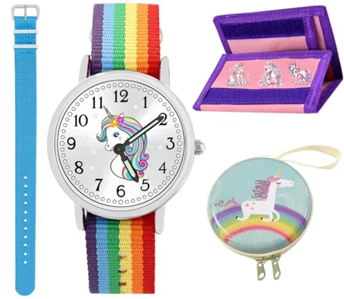 Brecjon großes 6tlg Geschenk Set Einhorn Armbanduhr Mädchen wasserdicht Geldbörse Kugelschreiber Motivdose Armband hellblau 916 von Brecjon
