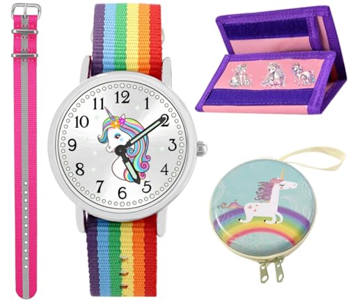 Brecjon großes 6tlg Geschenk Set Einhorn Armbanduhr Mädchen wasserdicht Geldbörse Kugelschreiber Motivdose Armband pink 917 von Brecjon